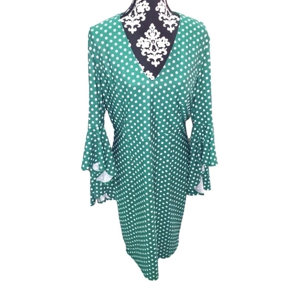 Green Bell Sleeve Polka Dot Midi Dress - Picture 1 of 7